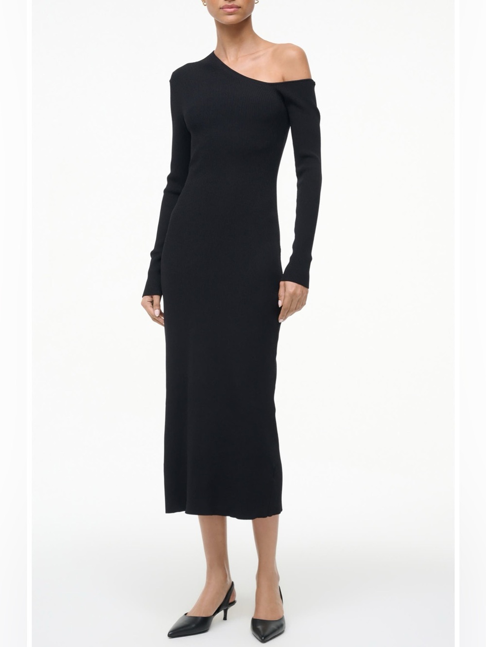 STAUD Lois Black Asymmetric Off the One-Shoulder Long Sleeve Rib Maxi Dress XS